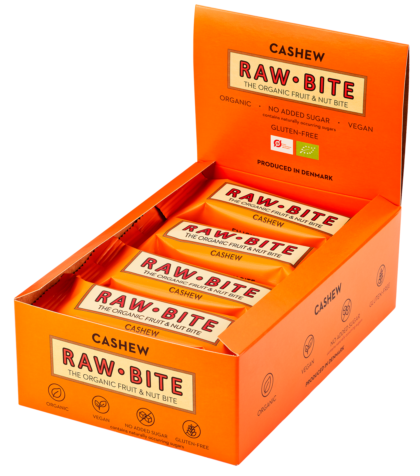 Op deze afbeelding staat een doos met RAWBITE cashew eiwitrepen. Deze doos bevat 12 repen van 50 gram per reep.