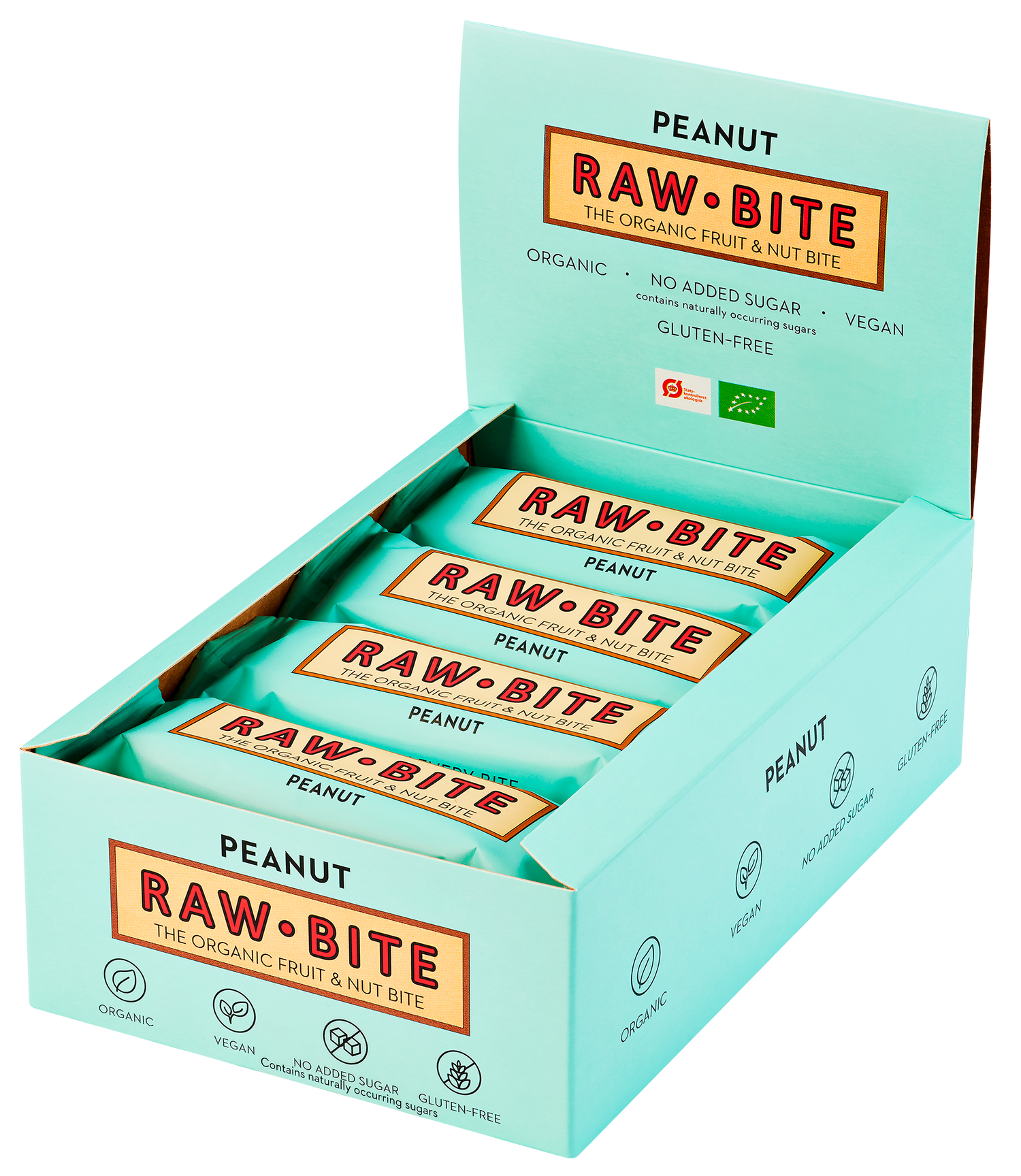 Op deze afbeelding staat een doos met RAWBITE pinda eiwitrepen. Deze doos bevat 12 repen van 50 gram per reep.