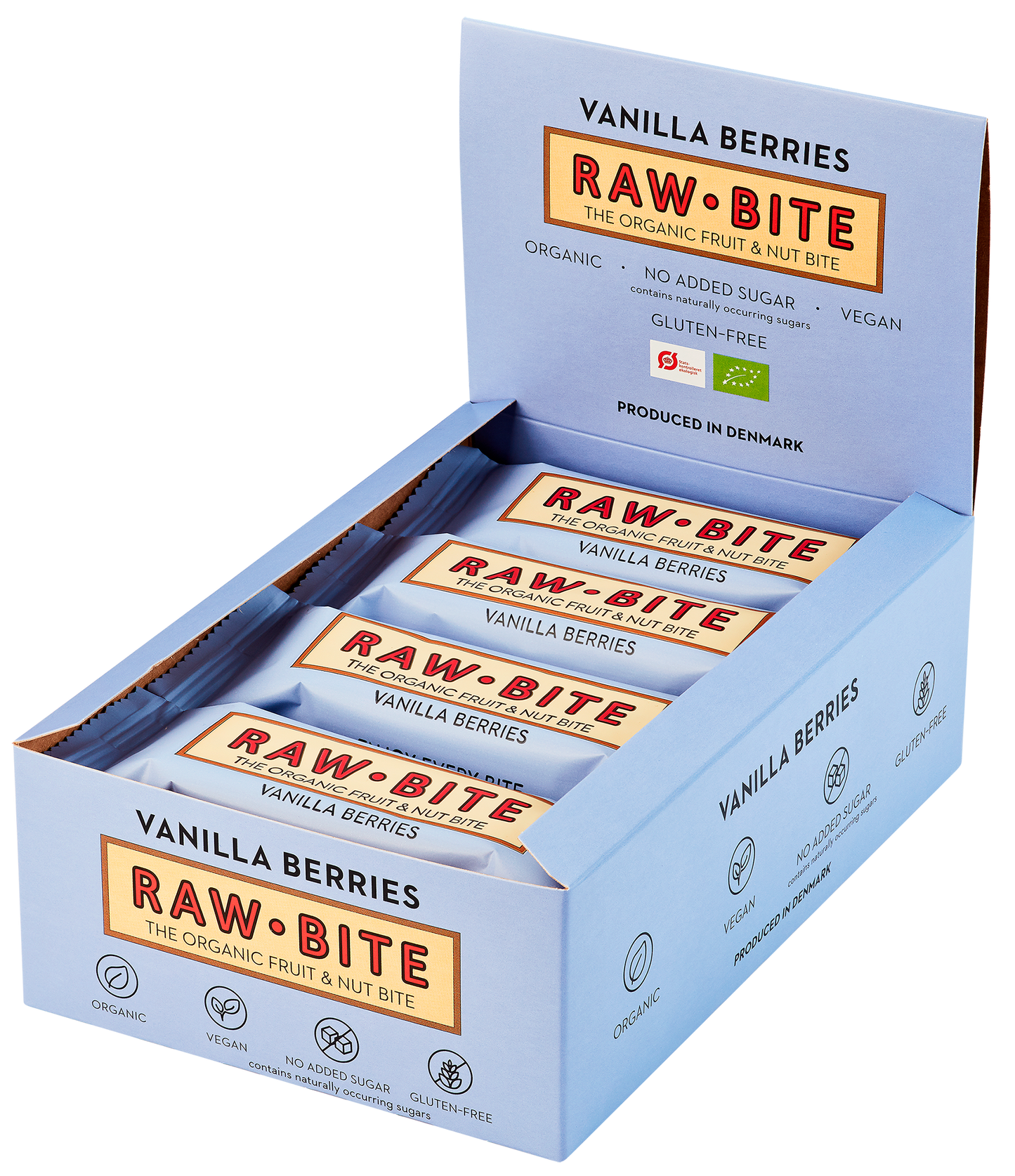 Op deze afbeelding staat een doos met RAWBITE vanille bessen eiwitrepen. Deze doos bevat 12 repen van 50 gram per reep.