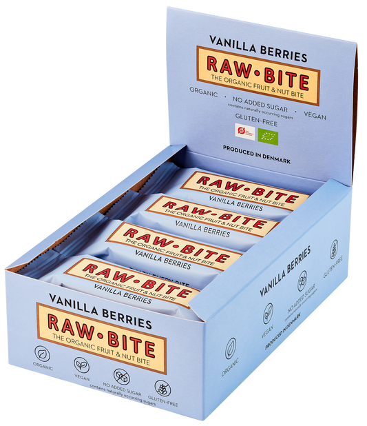 Op deze afbeelding staat een doos met RAWBITE vanille bessen eiwitrepen. Deze doos bevat 12 repen van 50 gram per reep.